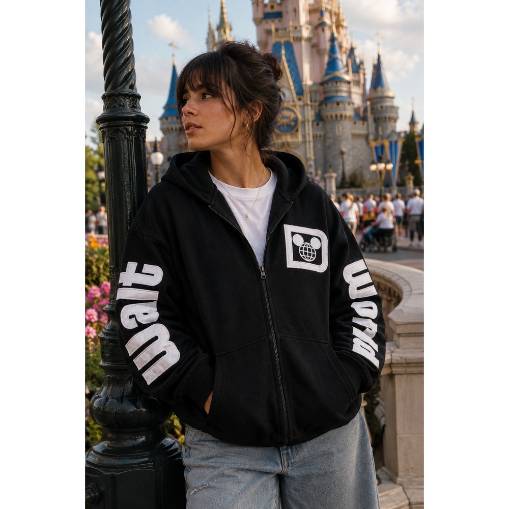 Disney World Mickey Mouse Globe Spellout Applique Full Zip Hoodie Black Large